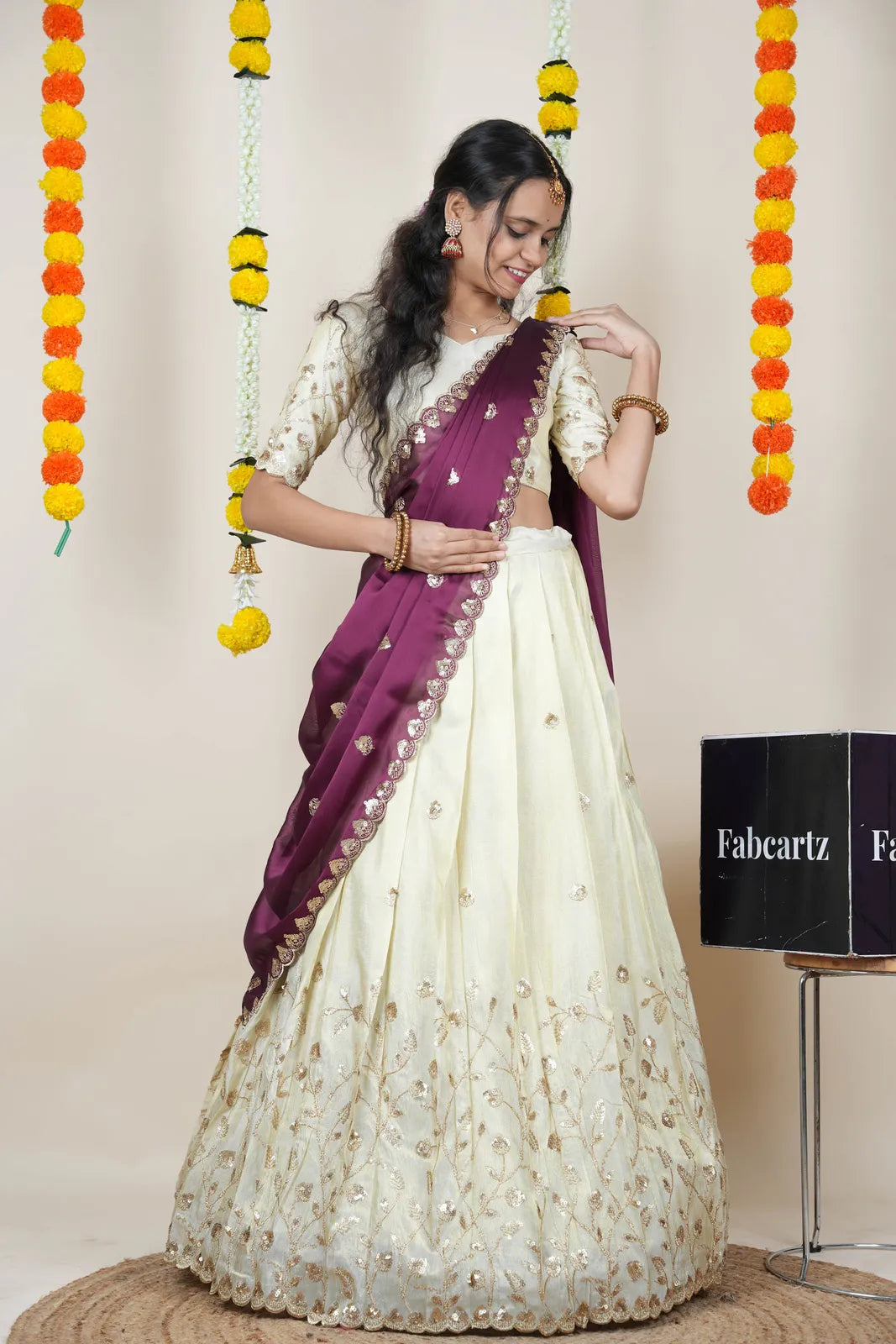 Satyabhumi Women's Embroidered Half Saree with Blouse and Dupatta