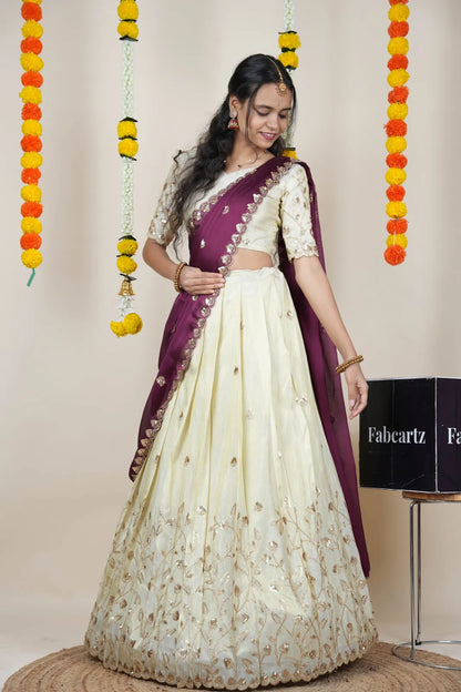 Satyabhumi Women's Embroidered Half Saree with Blouse and Dupatta