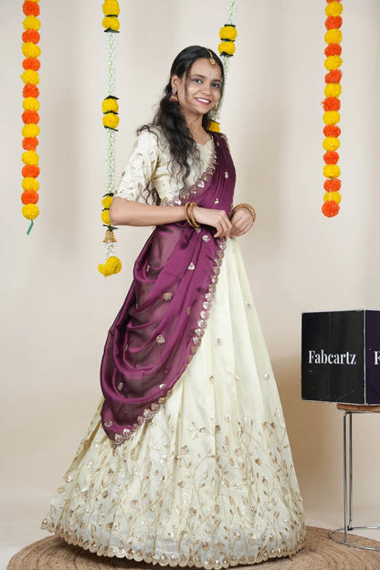 Satyabhumi Women's Embroidered Half Saree with Blouse and Dupatta