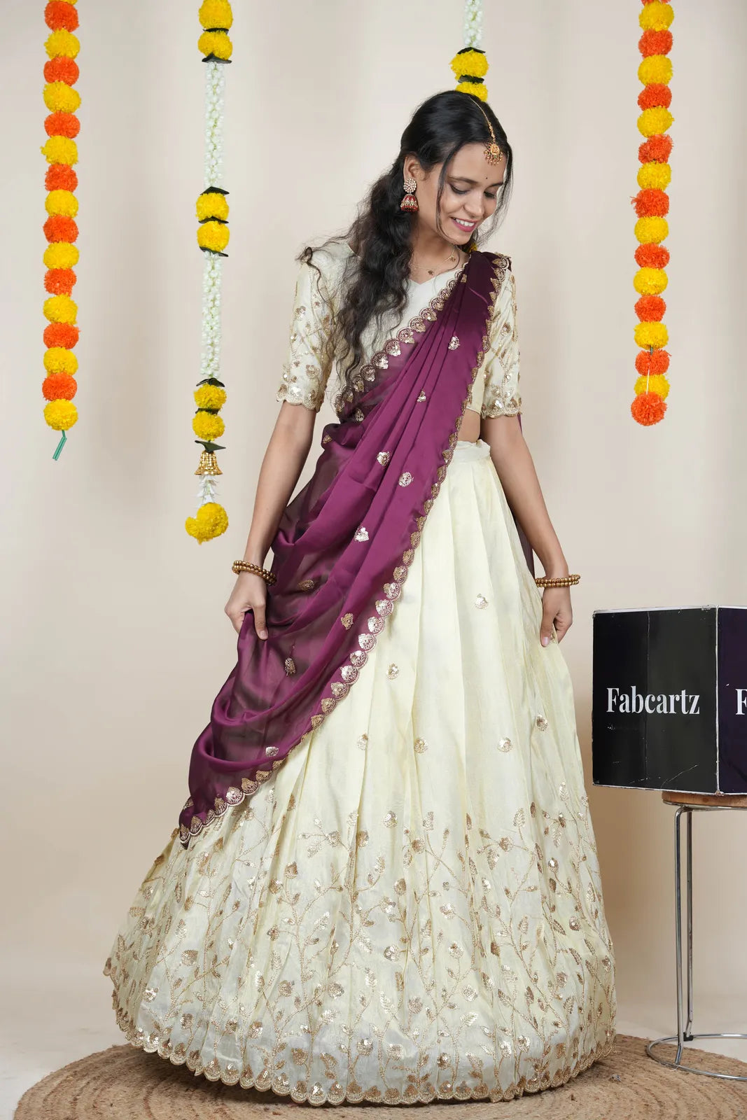Satyabhumi Women's Embroidered Half Saree with Blouse and Dupatta