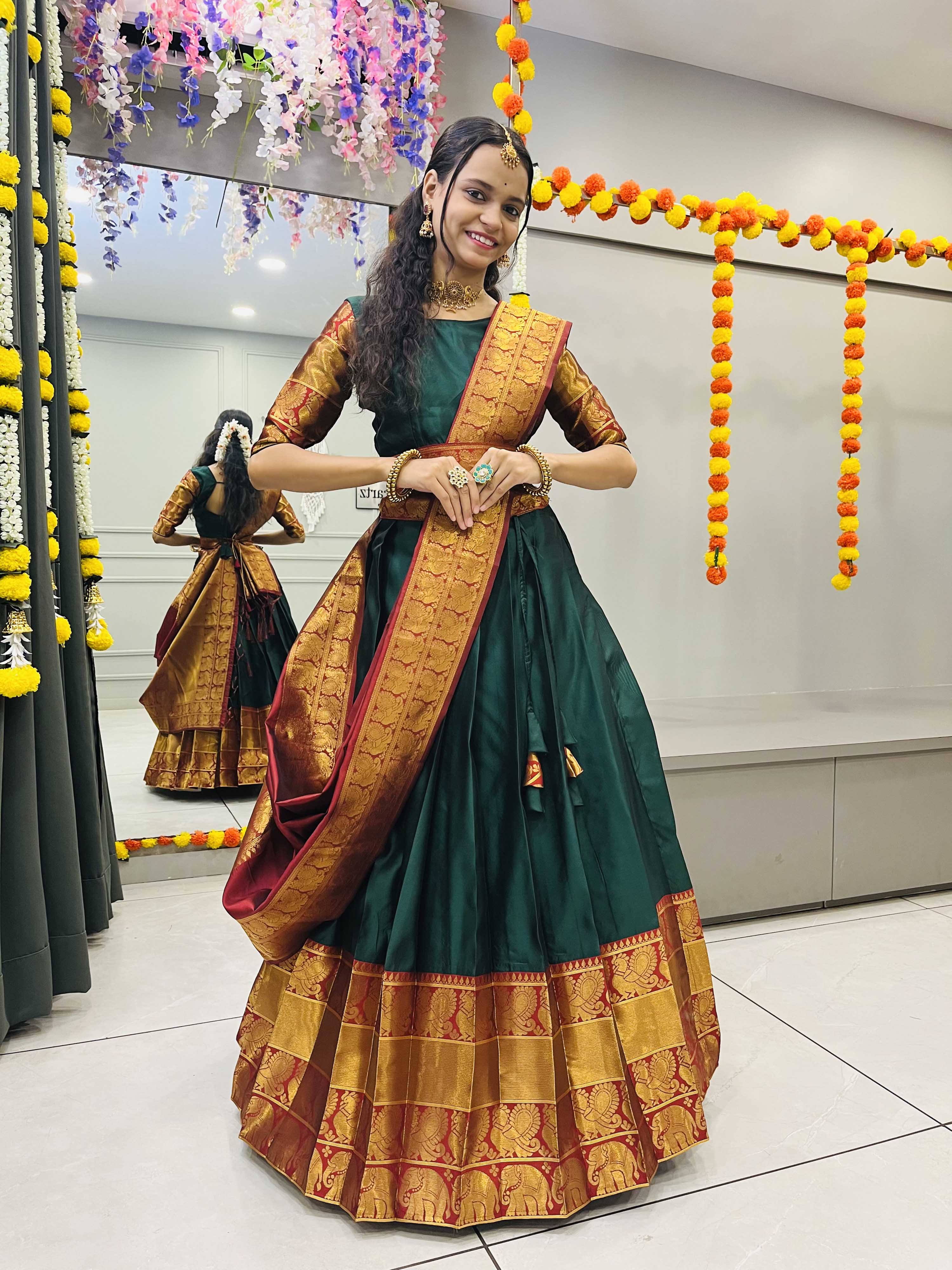 Green Half Saree For Mehndi Function - Evilato