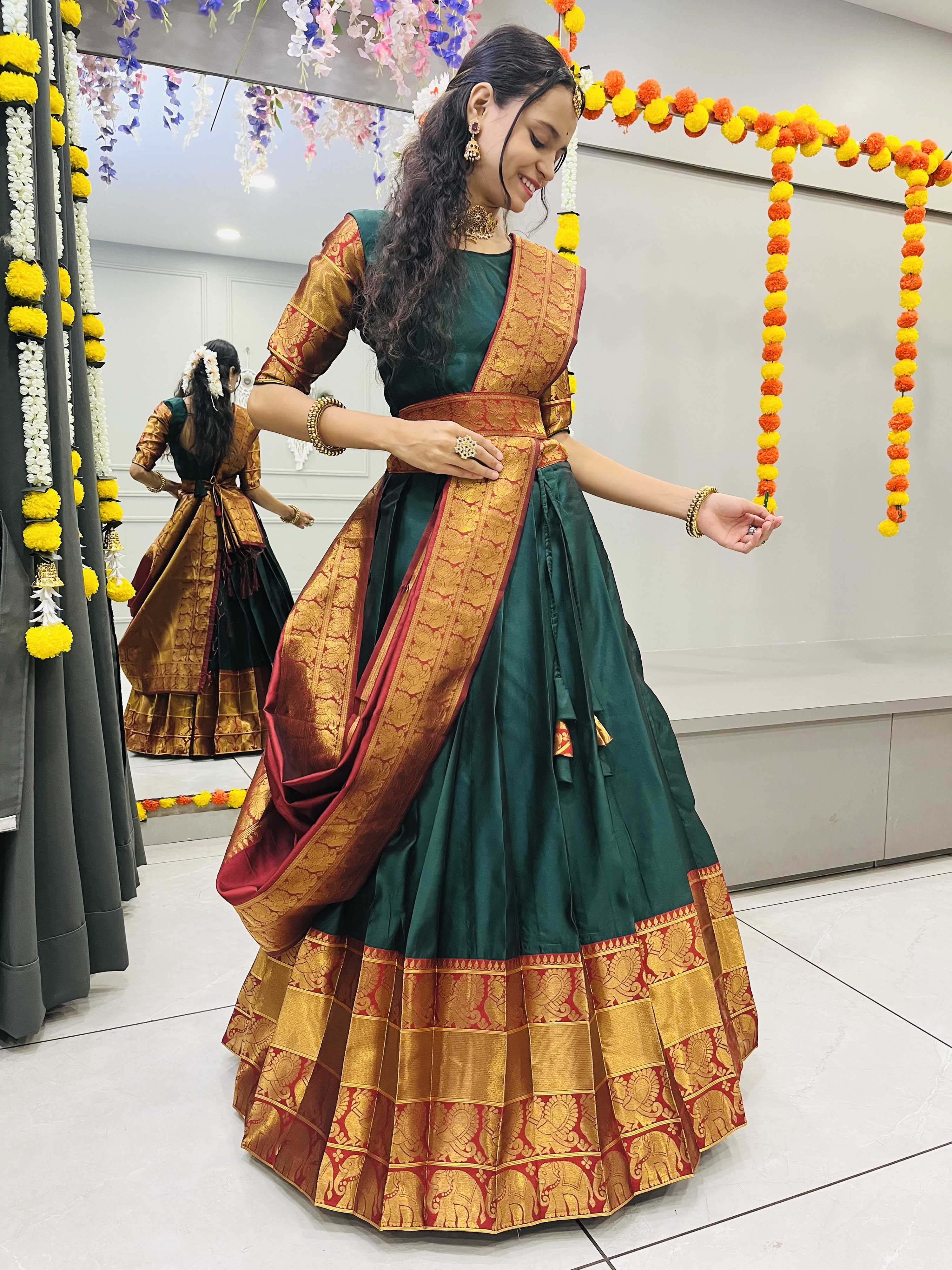 Buy South Indian Traditional Beautiful New Designer Party Wear Chinon Silk  Stitched Lengha and Blouse With Dupatta, Ethnic Half Saree Online in India  - Etsy