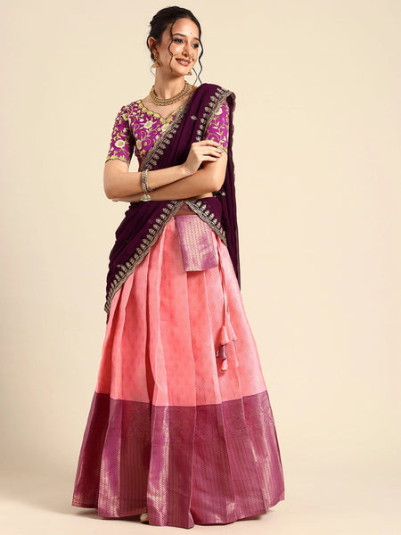 Munjya Women's Woven Design zari work Half Saree with Embroidered Blouse and Dupatta