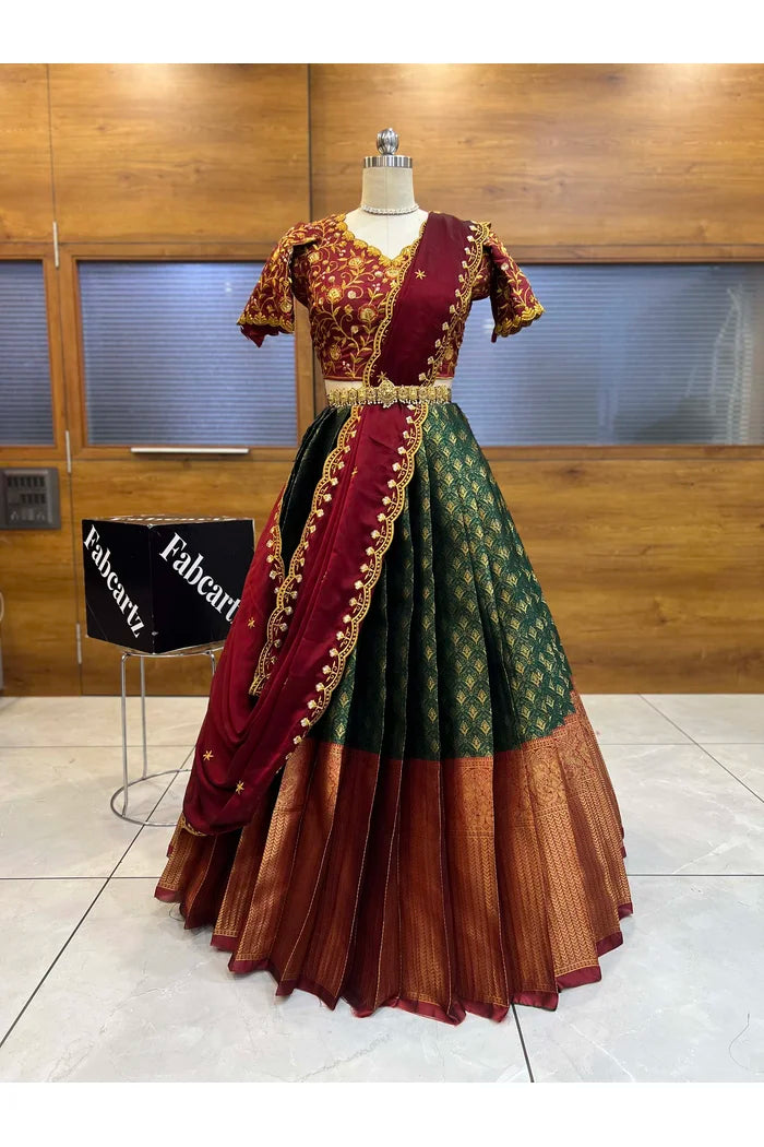 Munjya Women's Woven Design zari work Half Saree with Embroidered Blouse and Dupatta