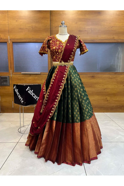 Munjya Women's Woven Design zari work Half Saree with Embroidered Blouse and Dupatta