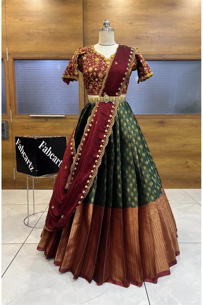 Munjya Women's Woven Design zari work Half Saree with Embroidered Blouse and Dupatta