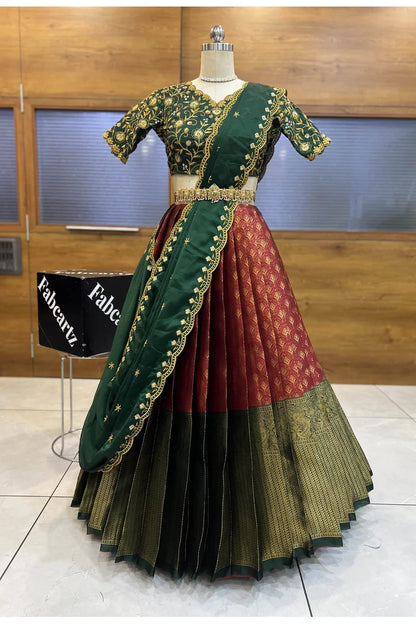 Munjya Women's Woven Design zari work Half Saree with Embroidered Blouse and Dupatta