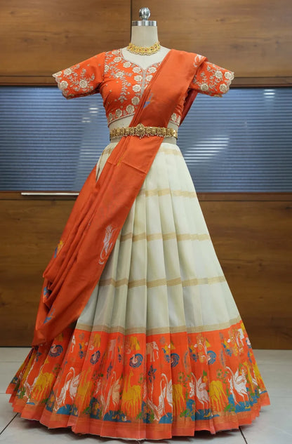 HiranPattu Women's Woven Design zari work Half Saree with Embroidered Blouse and Dupatta