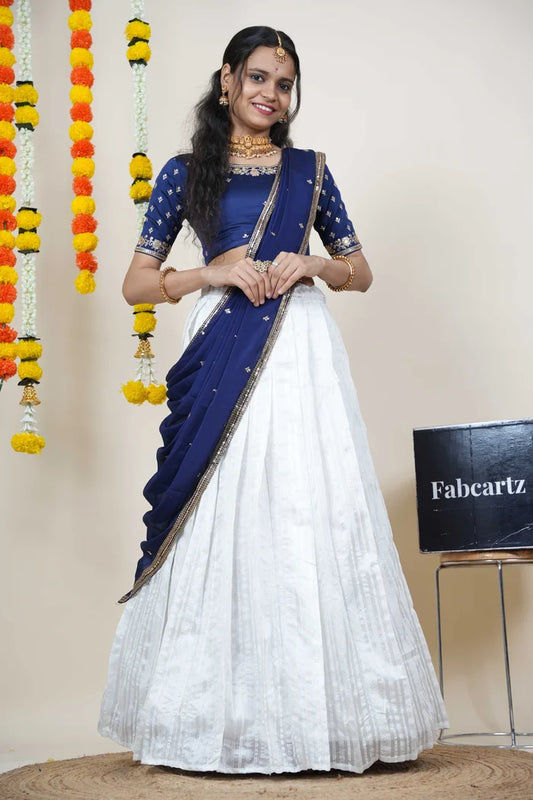 Women's Softy Silk zari work Half Saree with Embroidered Blouse and Dupatta (Cotton Kiara)