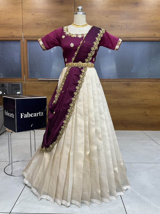 Amalkaya South Indian Festival Traditional Half Saree with Embroidered Blouse & Dupatta