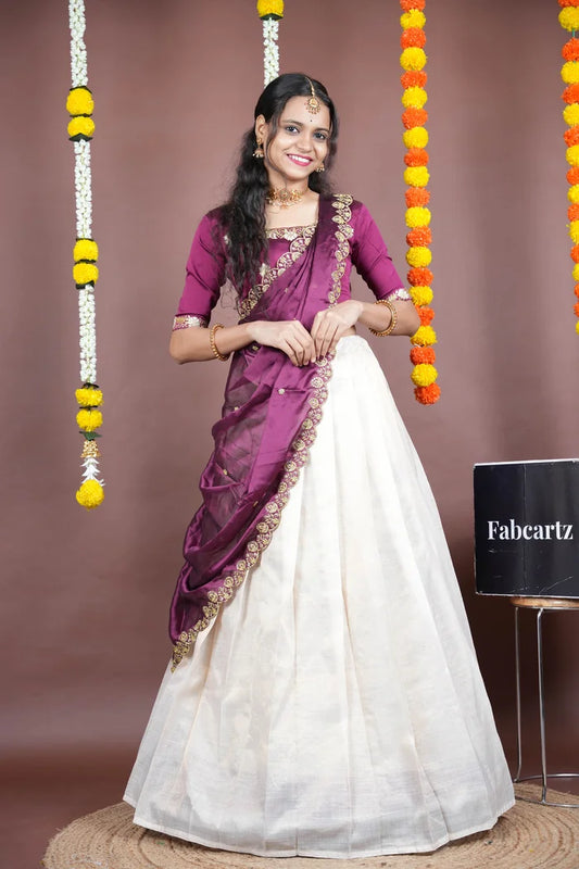 Amalkaya KV South Indian Festival Traditional Half Saree with Embroidered Blouse & Dupatta