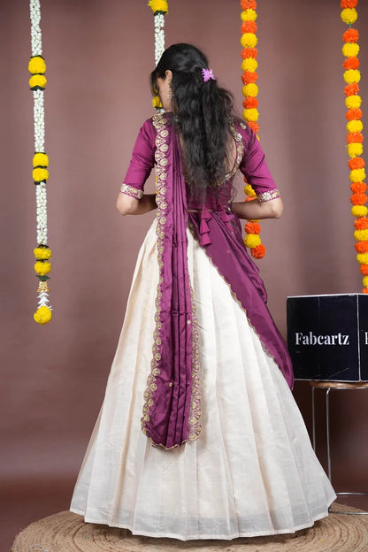 Amalkaya KV South Indian Festival Traditional Half Saree with Embroidered Blouse & Dupatta