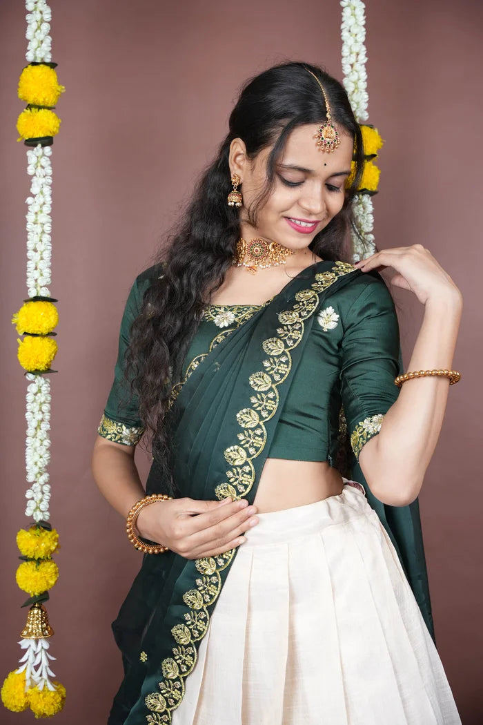 Amalkaya KV South Indian Festival Traditional Half Saree with Embroidered Blouse & Dupatta