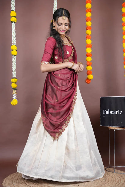 Amalkaya KV South Indian Festival Traditional Half Saree with Embroidered Blouse & Dupatta