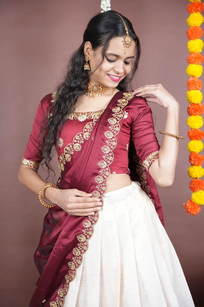 Amalkaya KV South Indian Festival Traditional Half Saree with Embroidered Blouse & Dupatta