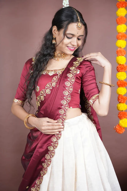 Amalkaya KV South Indian Festival Traditional Half Saree with Embroidered Blouse & Dupatta