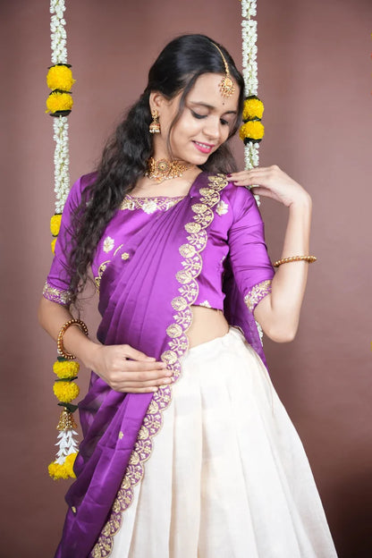 Amalkaya KV South Indian Festival Traditional Half Saree with Embroidered Blouse & Dupatta