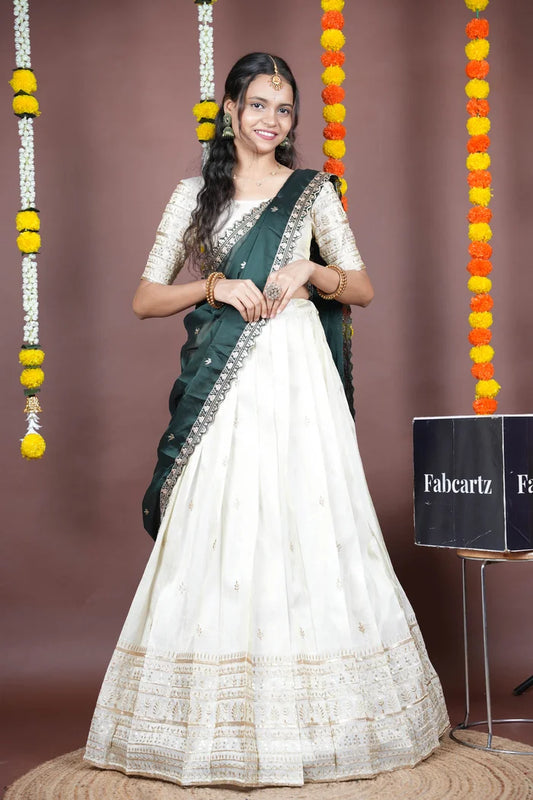 Aarohi kv Women's Woven Design Half Saree with Blouse and Dupatta