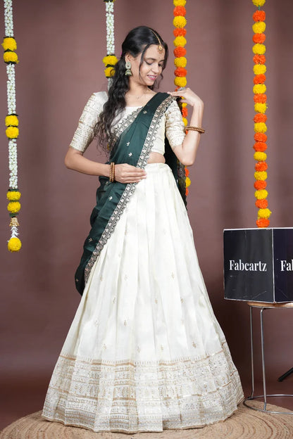 Aarohi kv Women's Woven Design Half Saree with Blouse and Dupatta