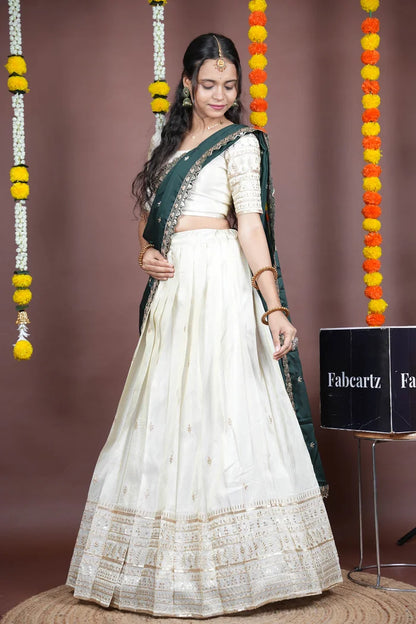 Aarohi kv Women's Woven Design Half Saree with Blouse and Dupatta