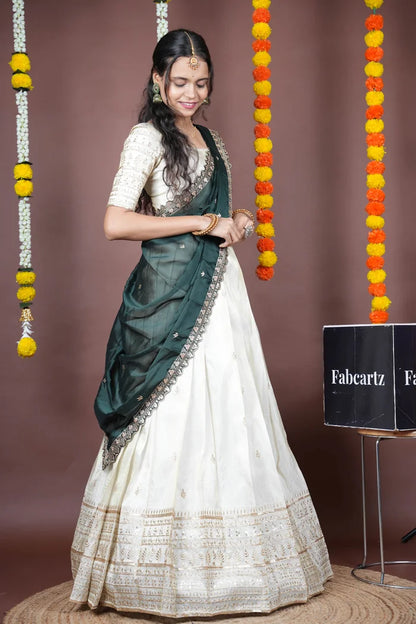 Aarohi kv Women's Woven Design Half Saree with Blouse and Dupatta