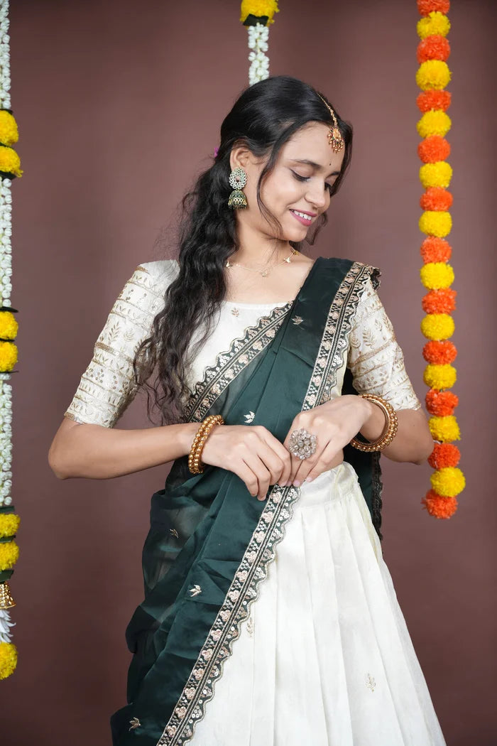 Aarohi kv Women's Woven Design Half Saree with Blouse and Dupatta