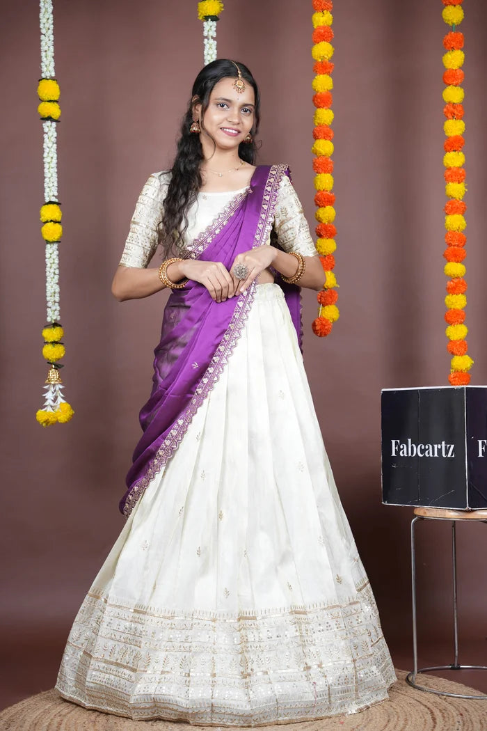 Aarohi kv Women's Woven Design Half Saree with Blouse and Dupatta