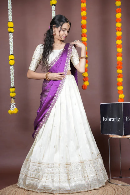 Aarohi kv Women's Woven Design Half Saree with Blouse and Dupatta