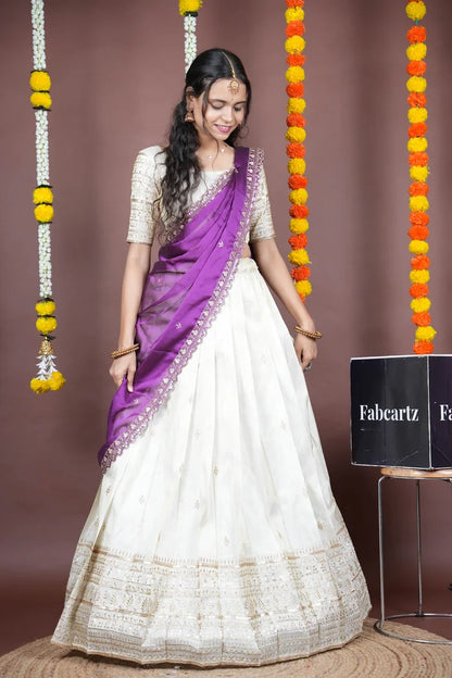 Aarohi kv Women's Woven Design Half Saree with Blouse and Dupatta