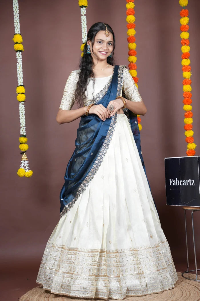 Aarohi kv Women's Woven Design Half Saree with Blouse and Dupatta