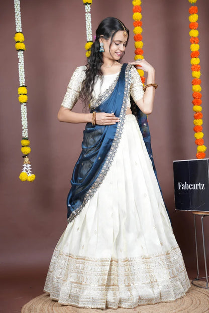 Aarohi kv Women's Woven Design Half Saree with Blouse and Dupatta