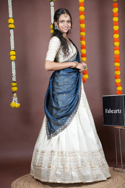 Aarohi kv Women's Woven Design Half Saree with Blouse and Dupatta