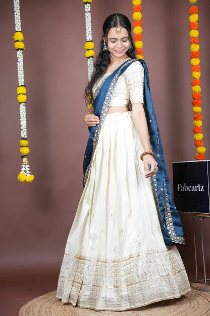 Aarohi kv Women's Woven Design Half Saree with Blouse and Dupatta