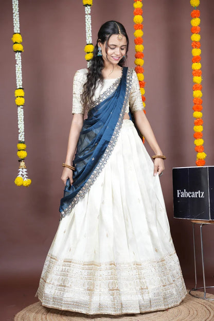 Aarohi kv Women's Woven Design Half Saree with Blouse and Dupatta