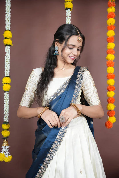 Aarohi kv Women's Woven Design Half Saree with Blouse and Dupatta