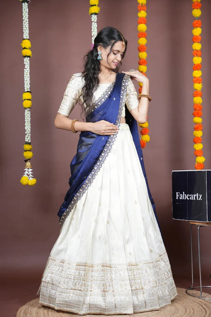 Aarohi kv Women's Woven Design Half Saree with Blouse and Dupatta