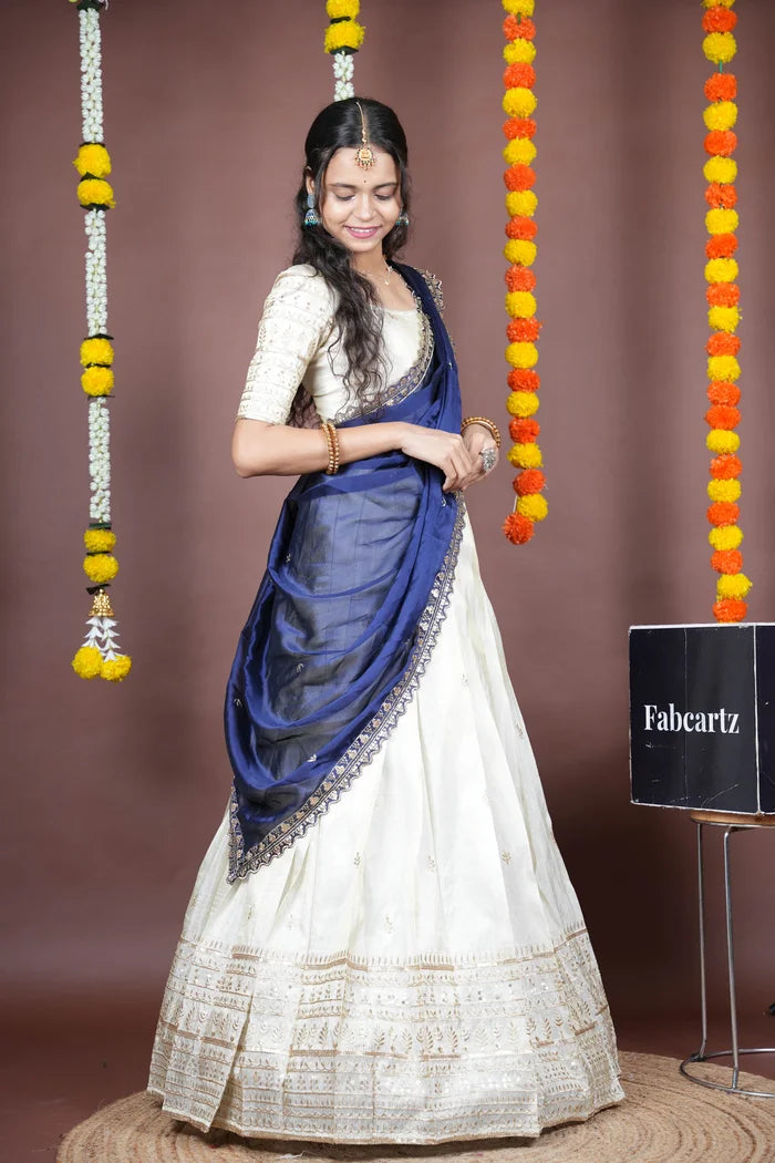 Aarohi kv Women's Woven Design Half Saree with Blouse and Dupatta