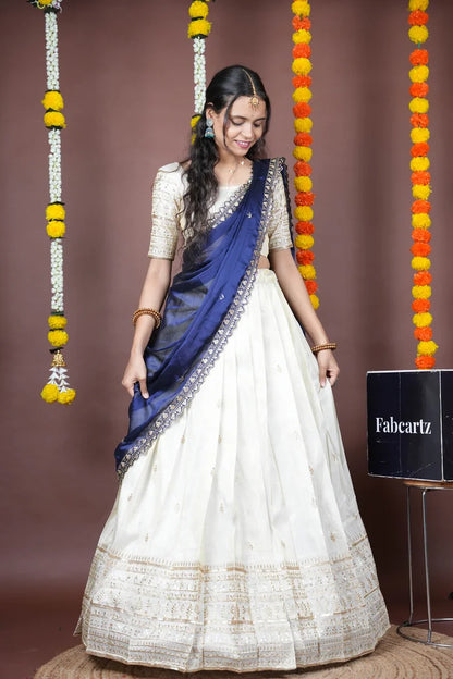 Aarohi kv Women's Woven Design Half Saree with Blouse and Dupatta