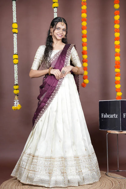Aarohi kv Women's Woven Design Half Saree with Blouse and Dupatta