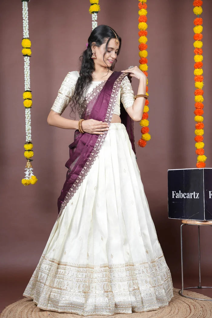 Aarohi kv Women's Woven Design Half Saree with Blouse and Dupatta
