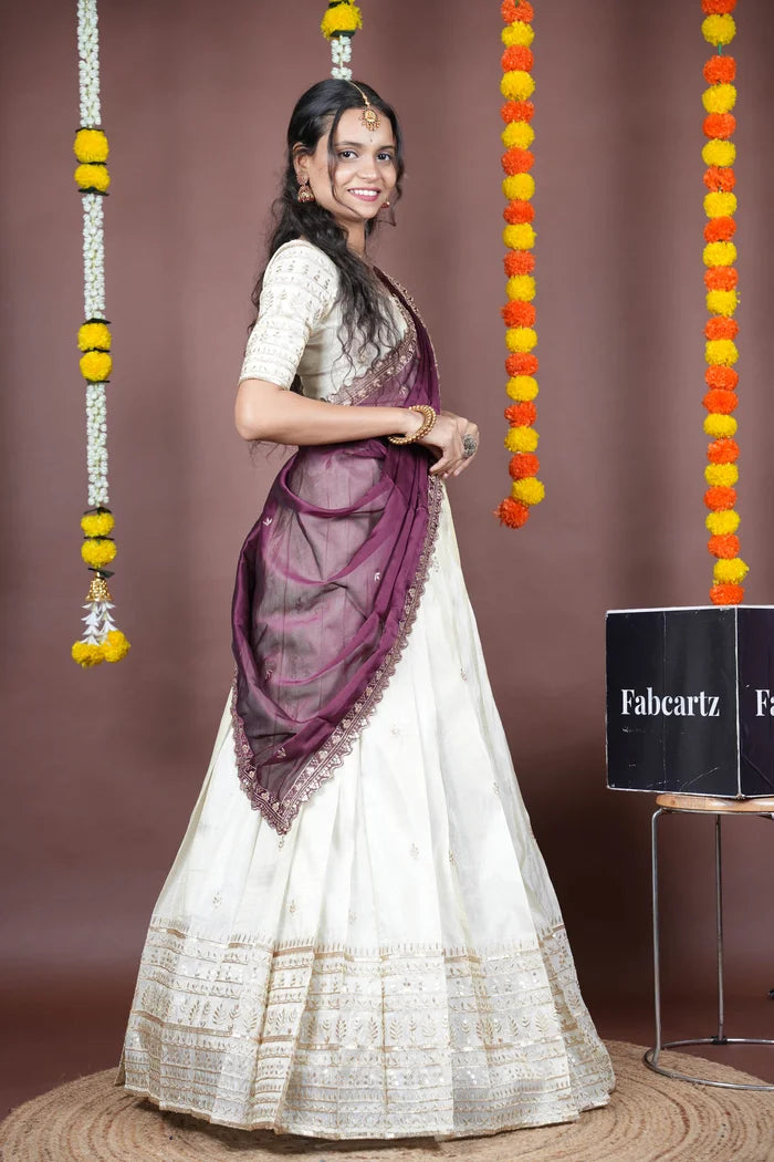 Aarohi kv Women's Woven Design Half Saree with Blouse and Dupatta