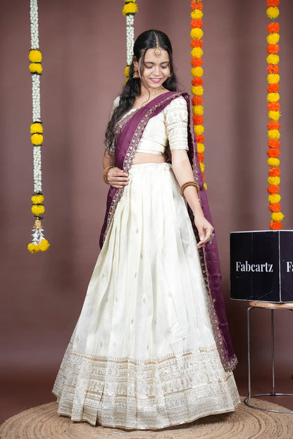 Aarohi kv Women's Woven Design Half Saree with Blouse and Dupatta