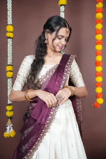 Aarohi kv Women's Woven Design Half Saree with Blouse and Dupatta