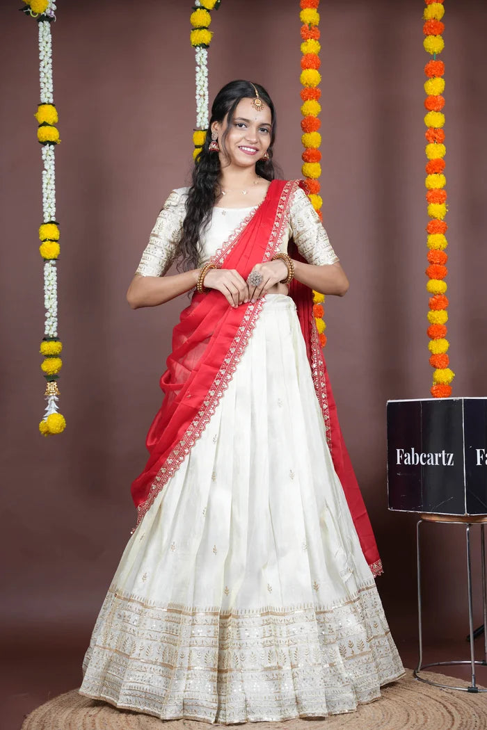 Aarohi kv Women's Woven Design Half Saree with Blouse and Dupatta