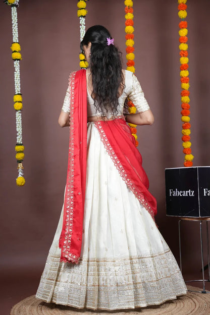 Aarohi kv Women's Woven Design Half Saree with Blouse and Dupatta
