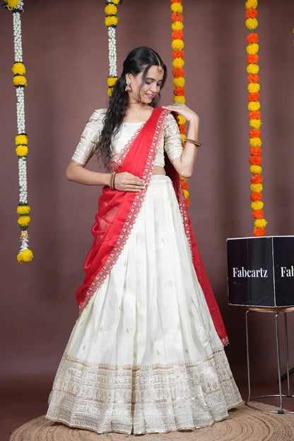 Aarohi kv Women's Woven Design Half Saree with Blouse and Dupatta