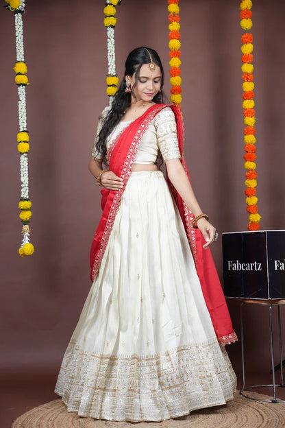Aarohi kv Women's Woven Design Half Saree with Blouse and Dupatta