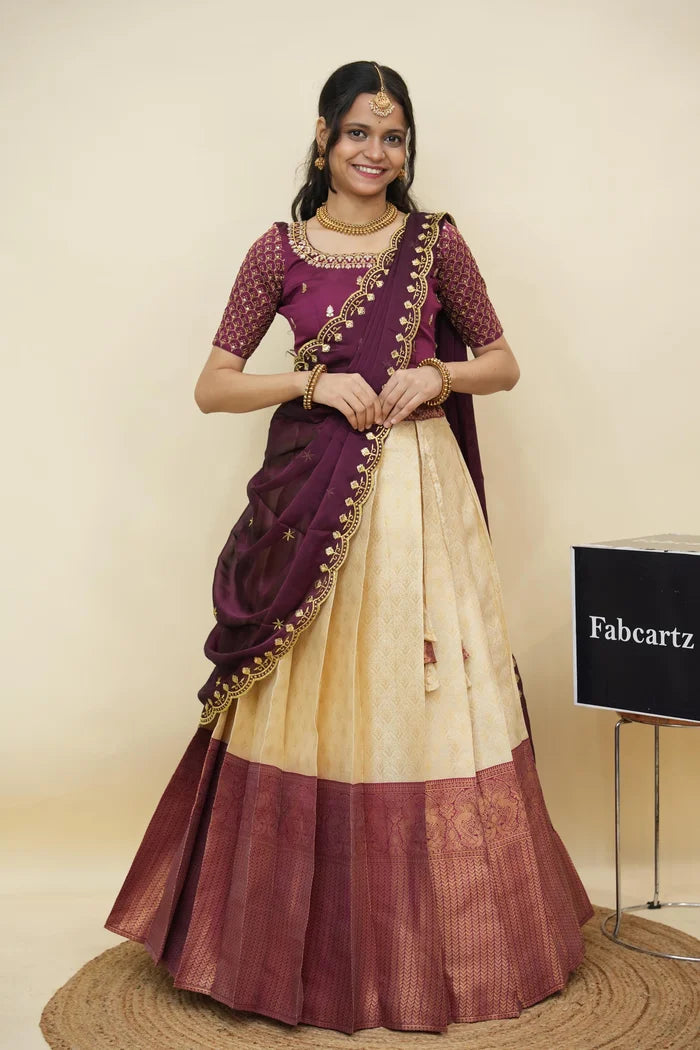 Beautiful South Indian Style Half Saree with Embroidery Work and Beads Work Blouse and Dupatta for Women | Reet KV