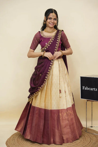 Beautiful South Indian Style Half Saree with Embroidery Work and Beads Work Blouse and Dupatta for Women | Reet KV