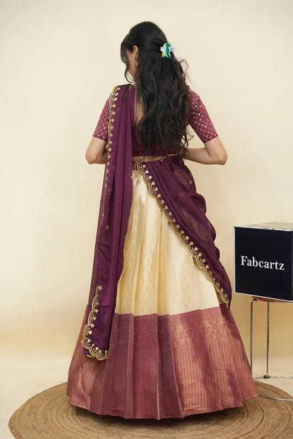 Beautiful South Indian Style Half Saree with Embroidery Work and Beads Work Blouse and Dupatta for Women | Reet KV